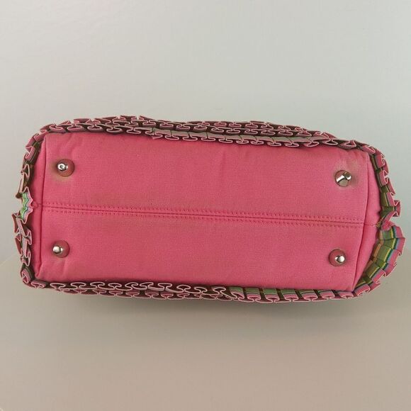 And pink plaid ruffled zip top handbag with faux w - Picture 7 of 17